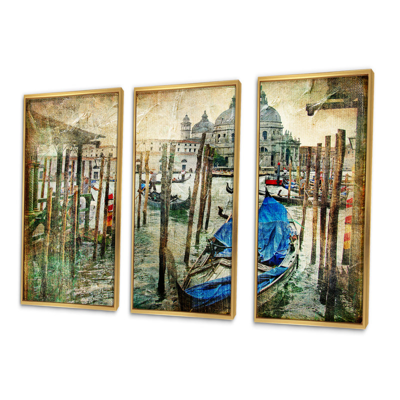 «Beautiful Venice», ensemble de 3 toiles encadrées, H 20 po x l 36 po x P 1 po, Or