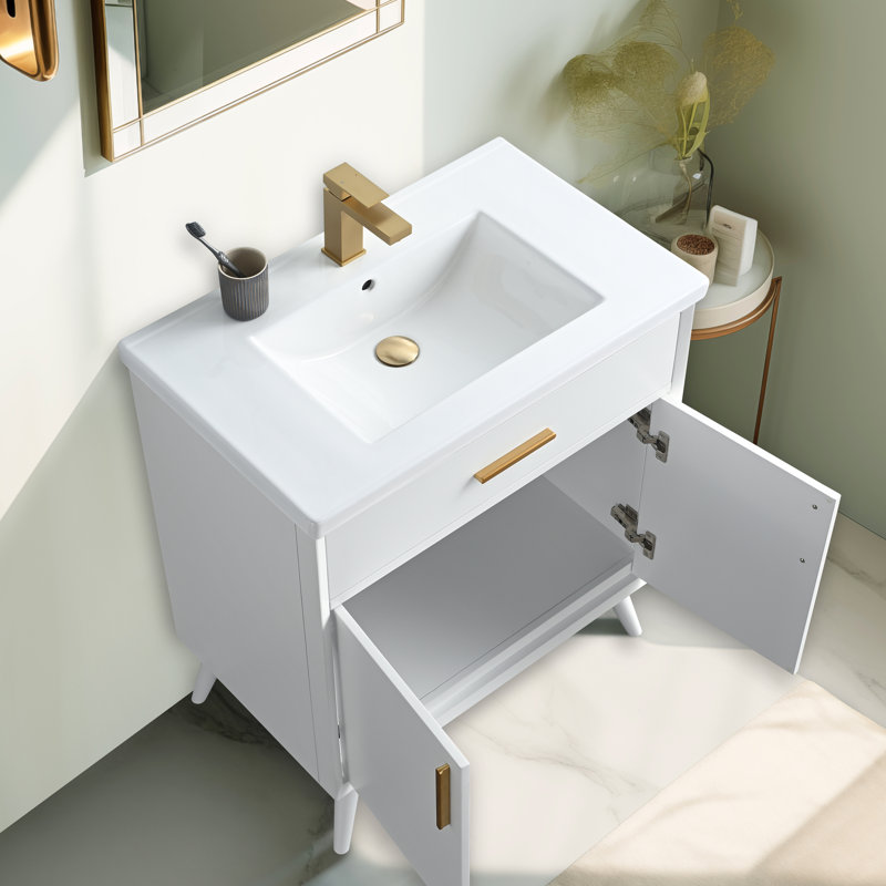 Meuble-lavabo simple 30 po avec plateau en céramique Lalena, Blanc
