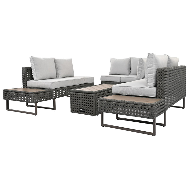 6-Person Outdoor Patio Wicker Modular Seating Set With Cushions And Pillows With Expandable Ice Bucket Coffee Table And Side Table