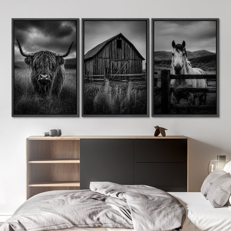 Noir et blanc ferme grange Highland Cow Horse campagne campagne paysage Western rustic Farmhouse Wall Art Decor encadré sur toile 3 pièces