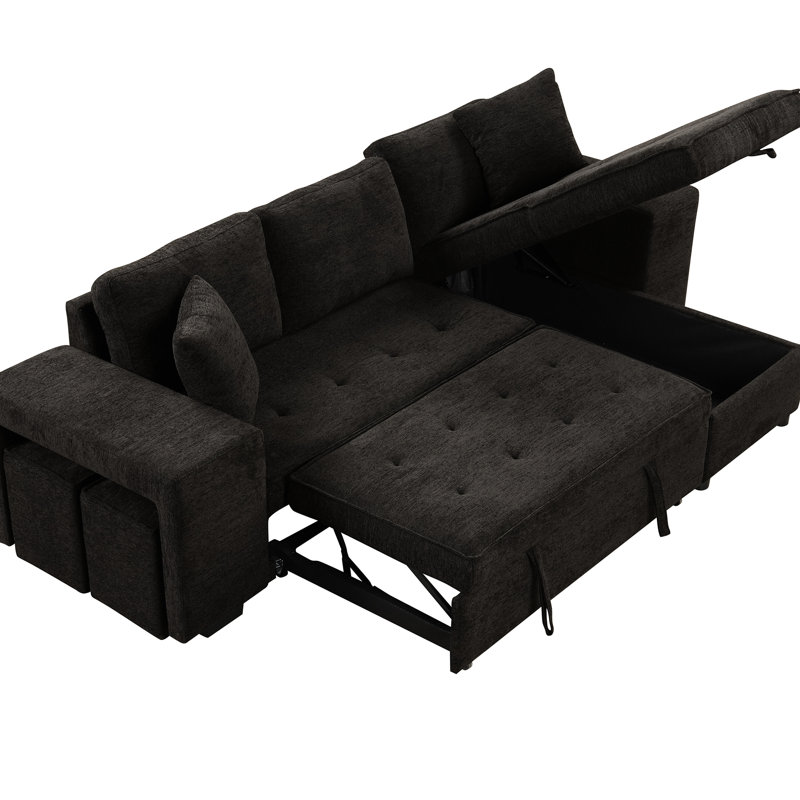 Canapé modulaire gris anthracite avec canapé-lit convertible et rangement, 2 tabourets pour la vie, canapé-lit réversible, tabourets,