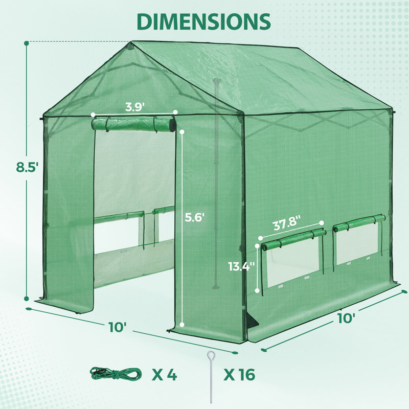 10' x 10' Pop Up Walk-In Greenhouse, Outdoor Garden Warm Hot House Portable Greenhouse, 8.5' H x 10' W x 10' D