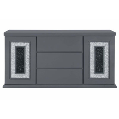 Stylish Contemporary Grey Buffet With High Gloss Finish And Clear Glass Inlay, Perfect For Modern Dining Rooms.