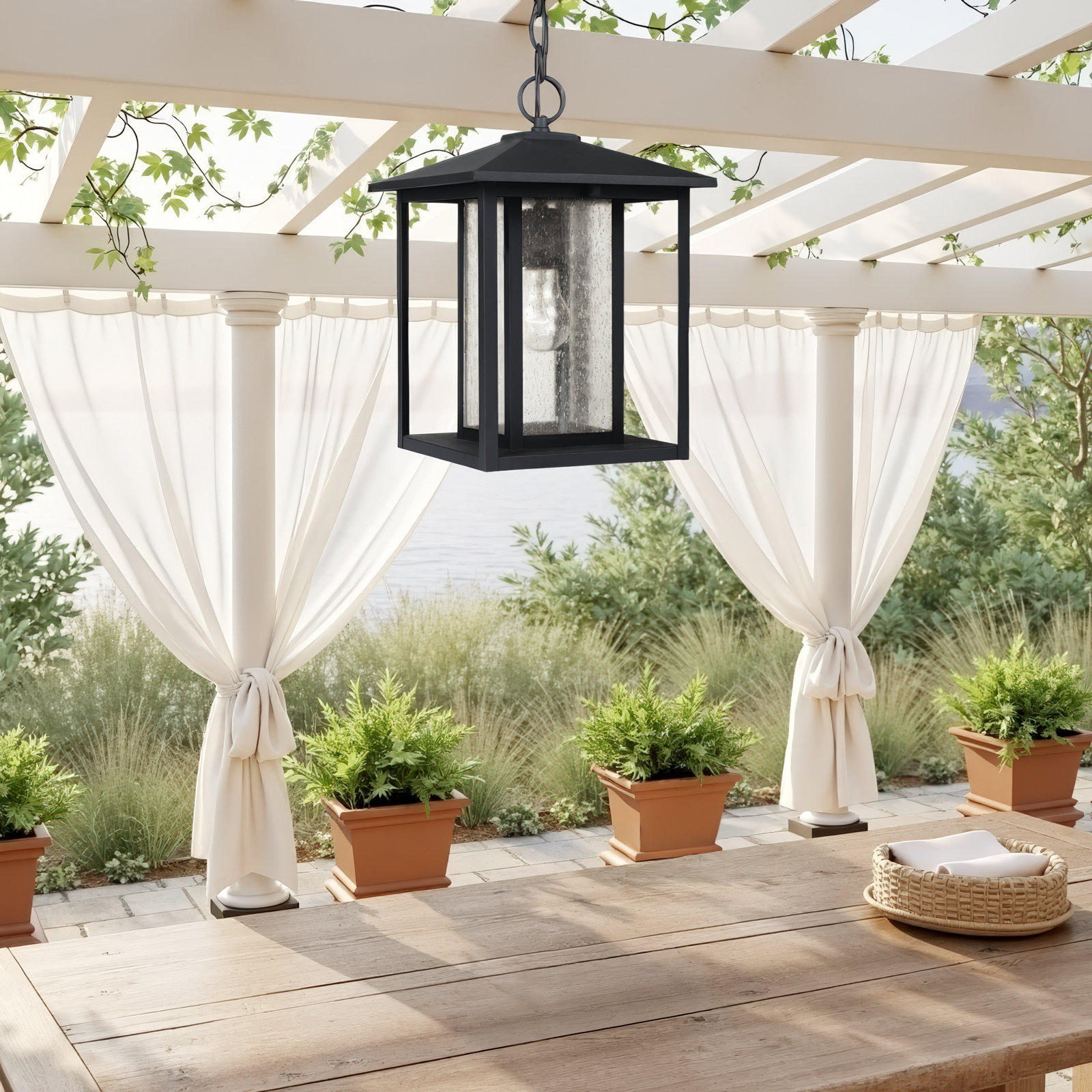 Vermont Seeded Outdoor Hanging Lantern, Black