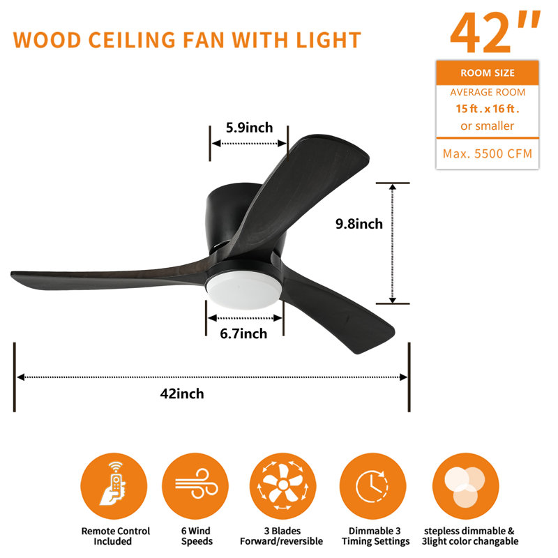 Ventilateur de plafond en bois massif avec plafonnier encastré, moteur à courant continu, Noir, Noir