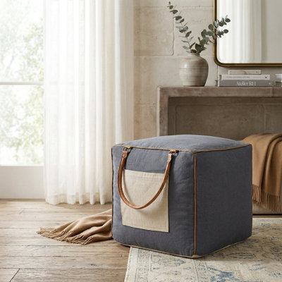Abedin Cotton and Leather Handmade Ottoman Pouf