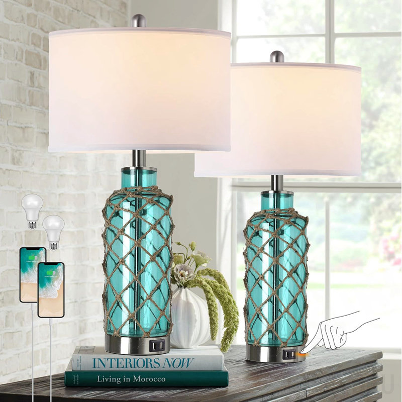 Ensemble de 2 lampes de table d'appoint, lampe de chevet en corde de verre bleu vert côtier à contrôle tactile avec 2 ports USB, table de chevet à intensité variable à 3 voies avec abat-jour blanc pour le salon, la chambre à coucher