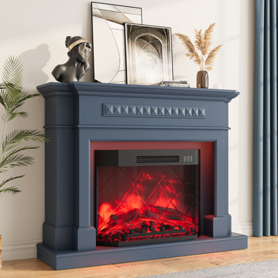 56" Electric Fireplace with Mantel, Farmhouse Entertainment Center with 30" Diamond-Shaped 3-Side Glass Fireplace & LED Light for Living Room