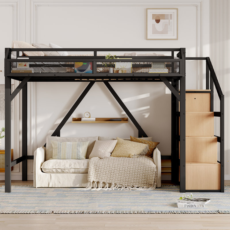 Twin XL Loft Bed with Storage Stairs, Shelves & Built-in Wardrobe, Metal Frame with USB & LED Lights, Natural Wood, Natural