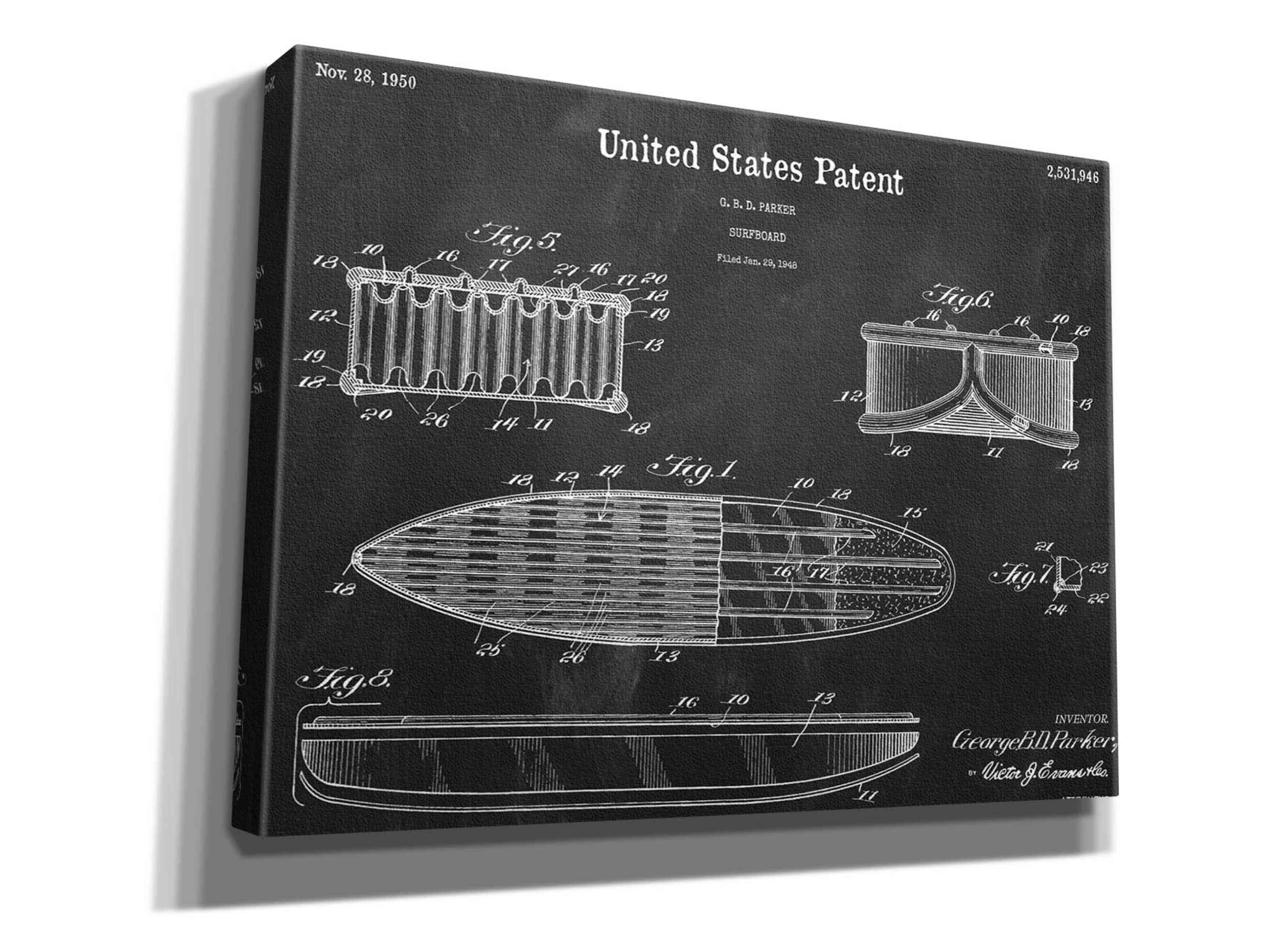 17 Stories Surfboard Blueprint Patent Chalkboard On Canvas by Official