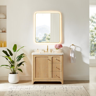 Milner 36" Single Bathroom Vanity in Brushed Oak with Grain White Engineered Stone Countertop without Mirror