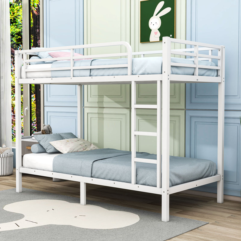 Twin XL Over Twin XL Metal Bunk Bed With Ladder And Guardrails, White