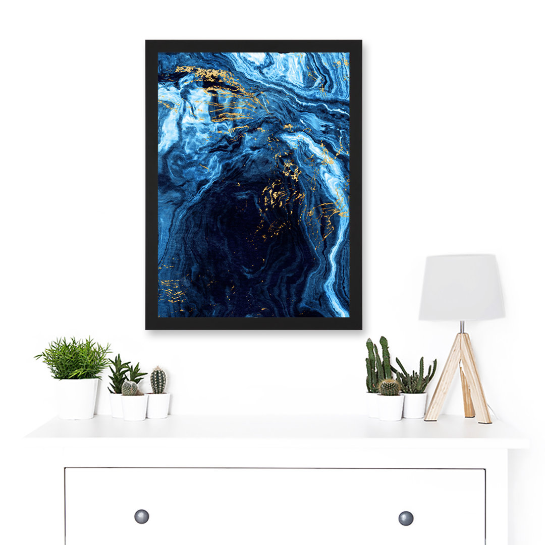 Abstract Dark Blue Gold Flow Watercolour Modern - Single Picture Frame Print