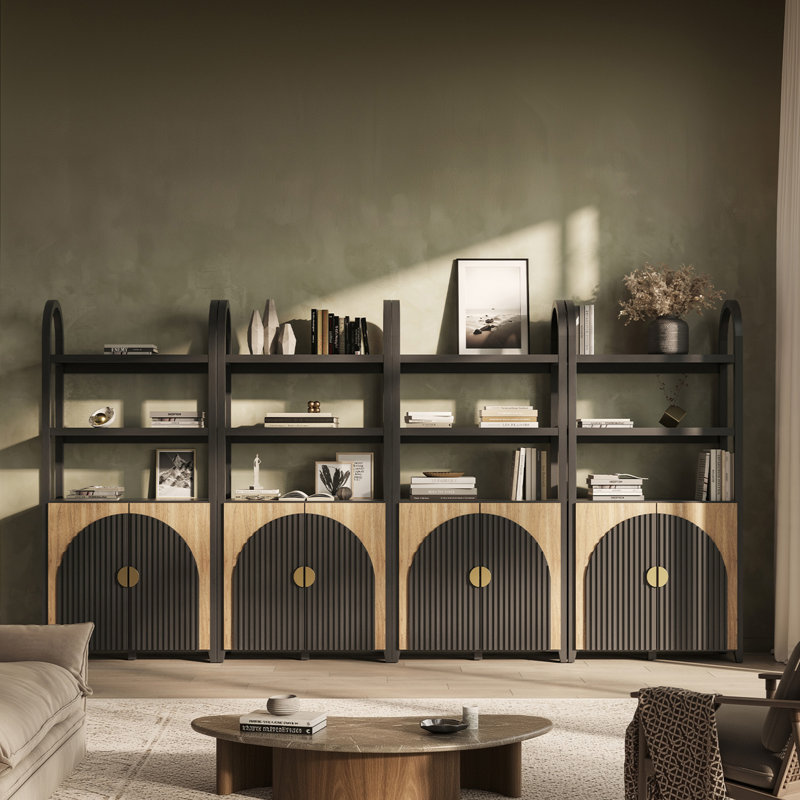 3 Tier Book Shelf 72" Tall Arched Bookcase With Storage, Set of 4, Camel