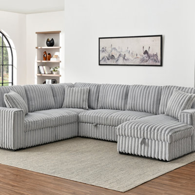 122 Inch Pull Out Couch, Rabbit Plush Fabric Sofa Bed With USB Ports & Comfy Upholstered, Oversized U Shape Sectional Sleeper Sofa Bed With Storage Chaise