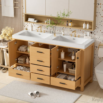 Meuble-lavabo 59,3 po avec cadre en bois massif et armoire en panneau de fibres à densité moyenne, double lavabo en résine SMC, portes et tiroirs à fermeture en douceur, 4 portes, 5 tiroirs, tablettes réglables, poignées noires