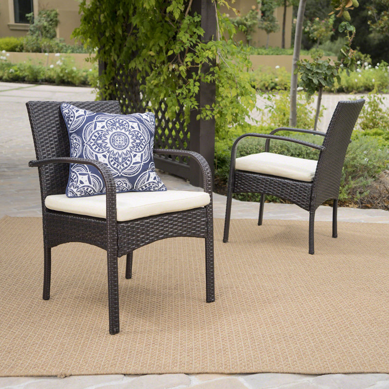 [Ensemble de 2] Chaise de salle à manger en osier Cordoba Kd PE, Coussin beige / structure brune