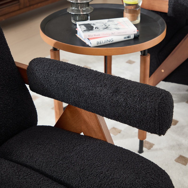 Modern Upholstered Accent Armchair Living Room Chair With Sherpa Arms, Black Sherpa Fabric, 2 Set, Black