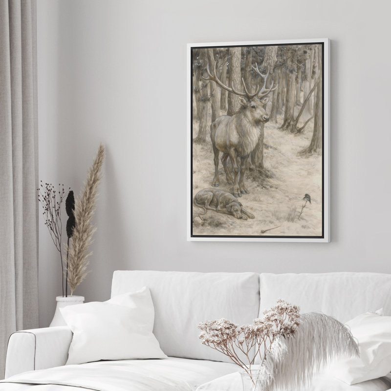 «Deer and Resting Dog in Woodland Scene», reproduction d'art sur toile encadrée dans la chambre principale, Blanc
