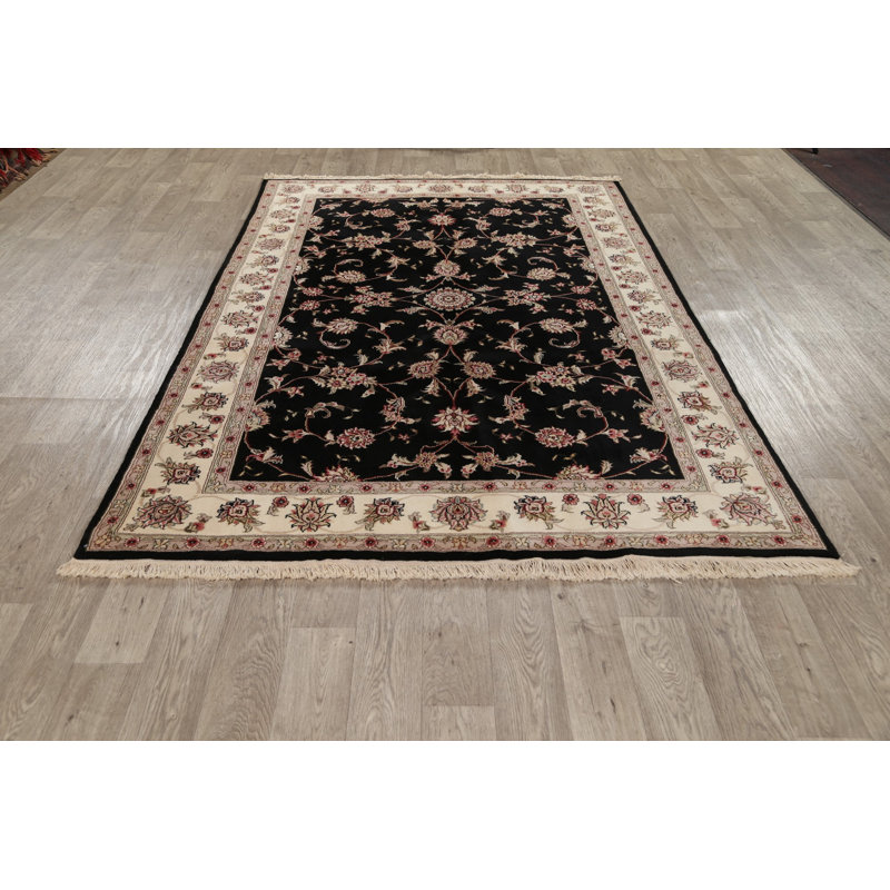 Tapis noir noué à la main de conception unique 5 pi 10 po x 9 pi 2 po