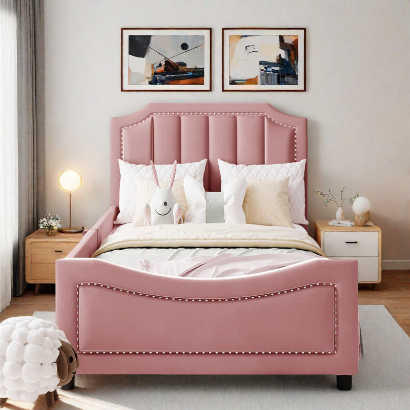 Upholstered Daybed With Classic Stripe Shaped Headboard, Gray