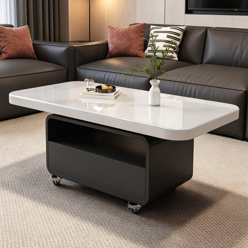 Table basse mobile moderne avec rangement en verre trempé, H 18,5 po x l 47,24 po x P 23,62 po, Blanc/Noir, Marbre
