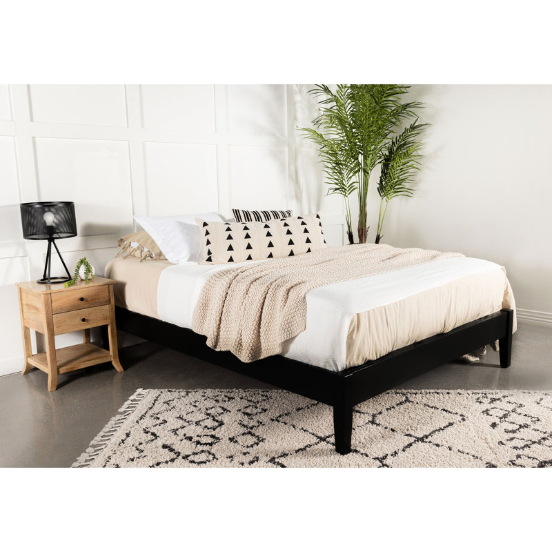 Structure de grand lit en bois franc asiatique et en pin à profil bas, adaptable pour la chambre à coucher, finition noire, chambre à coucher contemporaine en couleur, base en bois massif, plusieurs espaces de conception universelle,