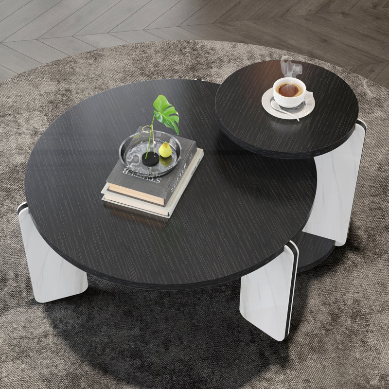 Ensemble de 2 tables basses rondes et de bout gigognes, petits espaces, salon et chambre à coucher, Noir, Blanc