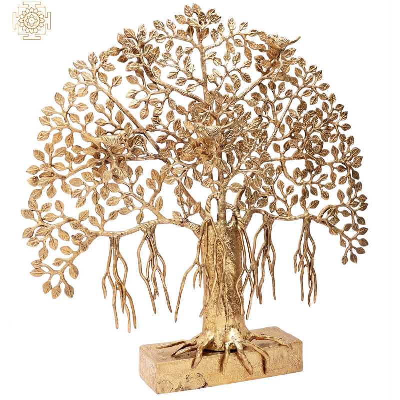 19" Handmade Brass Bodhi Tree Sculpture - Aswatha Peepal Tree Home Decor for Meditation Room or Living Space