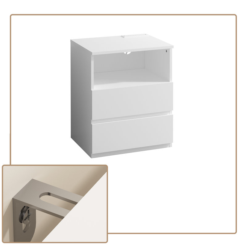 Table de chevet moderne avec station de charge et 2 tiroirs, Blanc