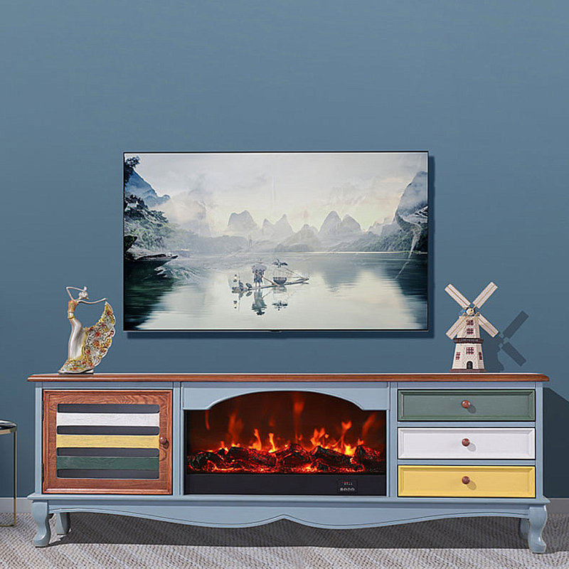 Modern simulated electronic fireplace TV stand, Blue, 23.62"H x 78.74"L x 13.78"W