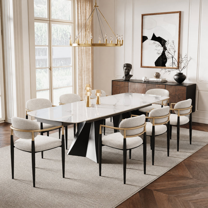 Extendable Sintered Stone Dining Table Set – Seats 6-10, Soft Cream Chairs with Gold Accents