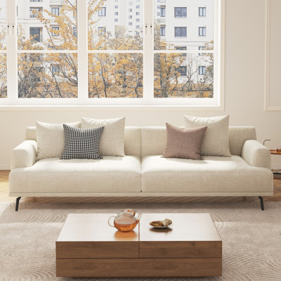 Canapé 82,6 po 3 places moderne avec 3 coussins moelleux et 2 coussins décoratifs, accoudoirs encastrés, beige