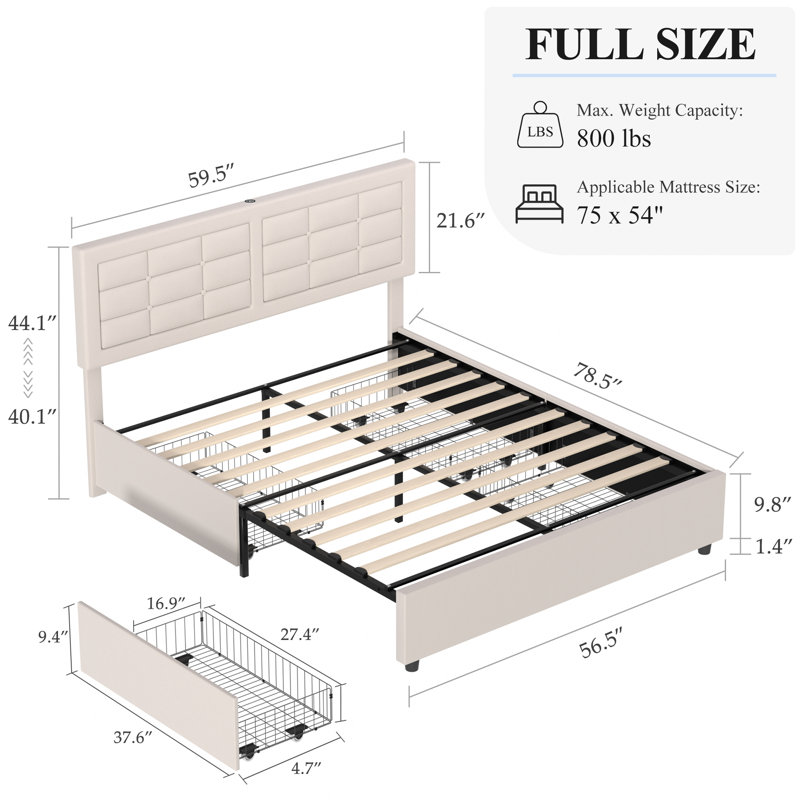 Kempst Full Size Storage Bed Frame with 4 Storage Drawers and Button Tufted Adjustable Headboard, Upholstered Platform Bed with USB & Type C Charge Station, Wooden Slats Support, No Box Spring Needed