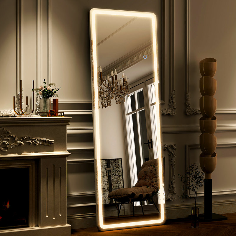 Holroyd Lighted Full Length Mirror with Stand Rectangle LED Wall Mirror, 16" x 60" W x 0.5'' D, White