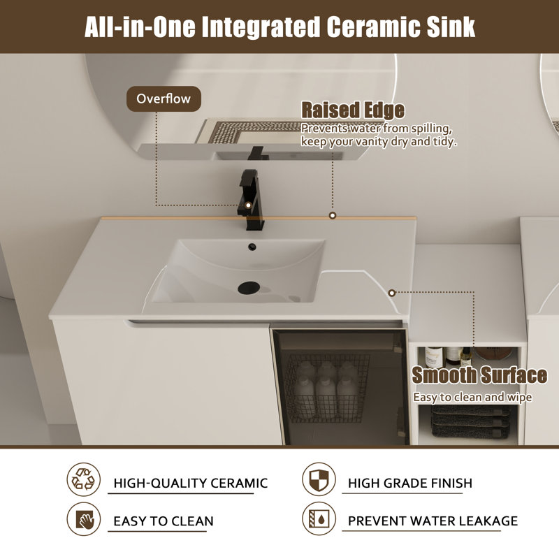 Meuble-lavabo mural double 84 po avec comptoir en céramique Myria, 84", 2