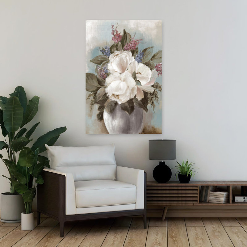 Art contemporain, pivoines délicates et romantiques, H 36 po x l 24 po