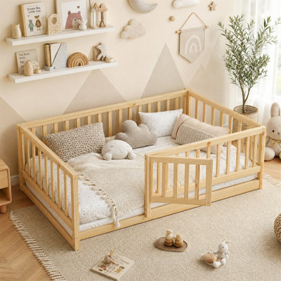 Twin Size Floor Bed with Fence and Door for Kids, Girls, Boys, Wood