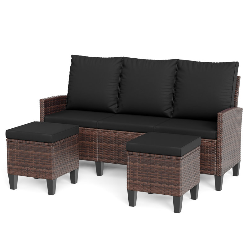Ensemble de conversation modulaire en osier avec repose-pieds pour 3 personnes, Black, Brown