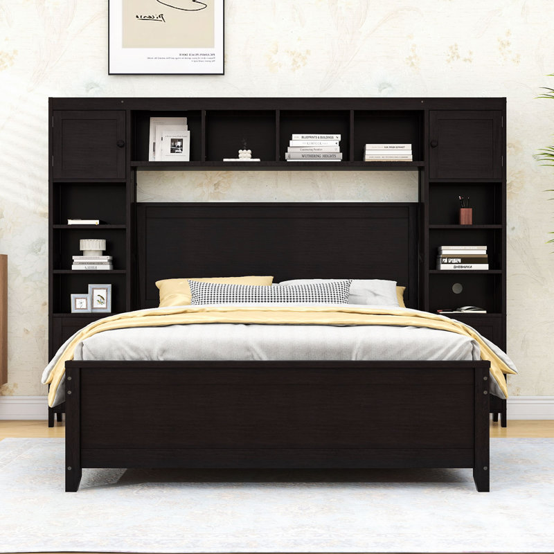 Lit plateforme double en bois avec tablettes, tiroirs et armoires de rangement intégrés, Espresso