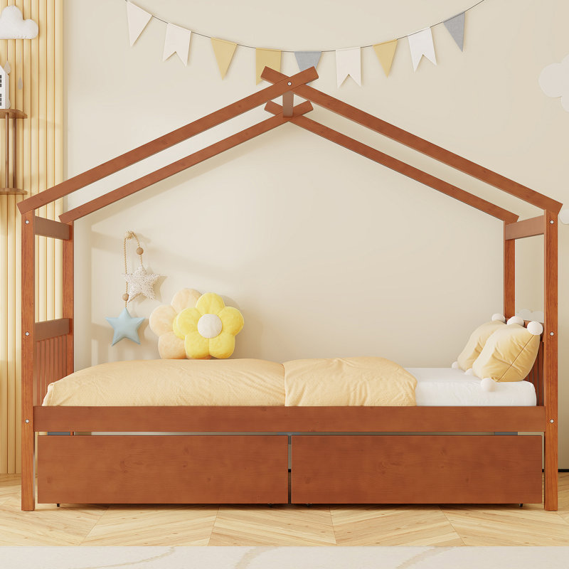 Lit simple avec tiroirs de rangement et structure en bois massif, Noyer, Lit simple