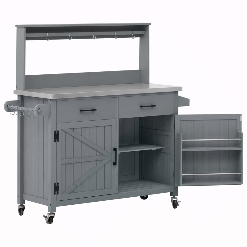 54.1" Outdoor Kitchen Island With High Shelf, Large Outdoor Potting Bench Table With Stainless Steel Top And Storage Cabinet, Solid Wood Grill Cart With Lockable Wheels For BBQ, Garden