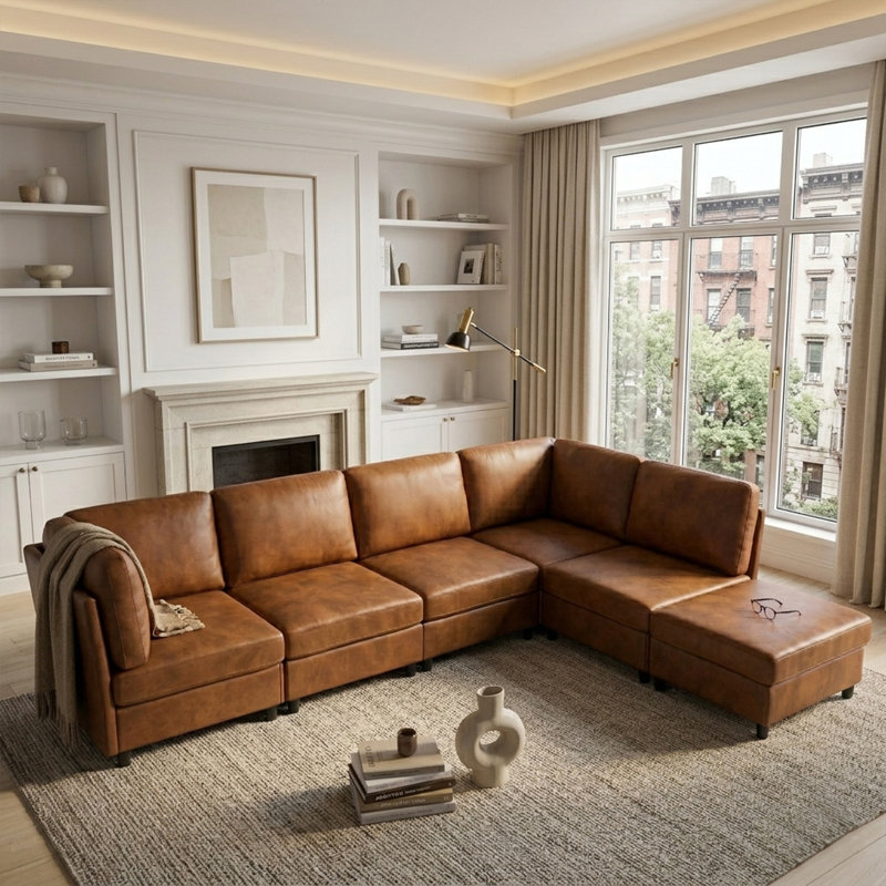 Canapé modulaire en cuir caramel 94,5 po