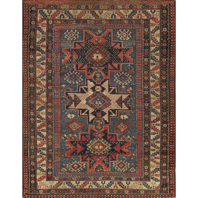 One-of-a-Kind Kazak Hand-Knotted 2010s 3'8" x 4'10" Wool Area Rug in Red/Brown/Navy