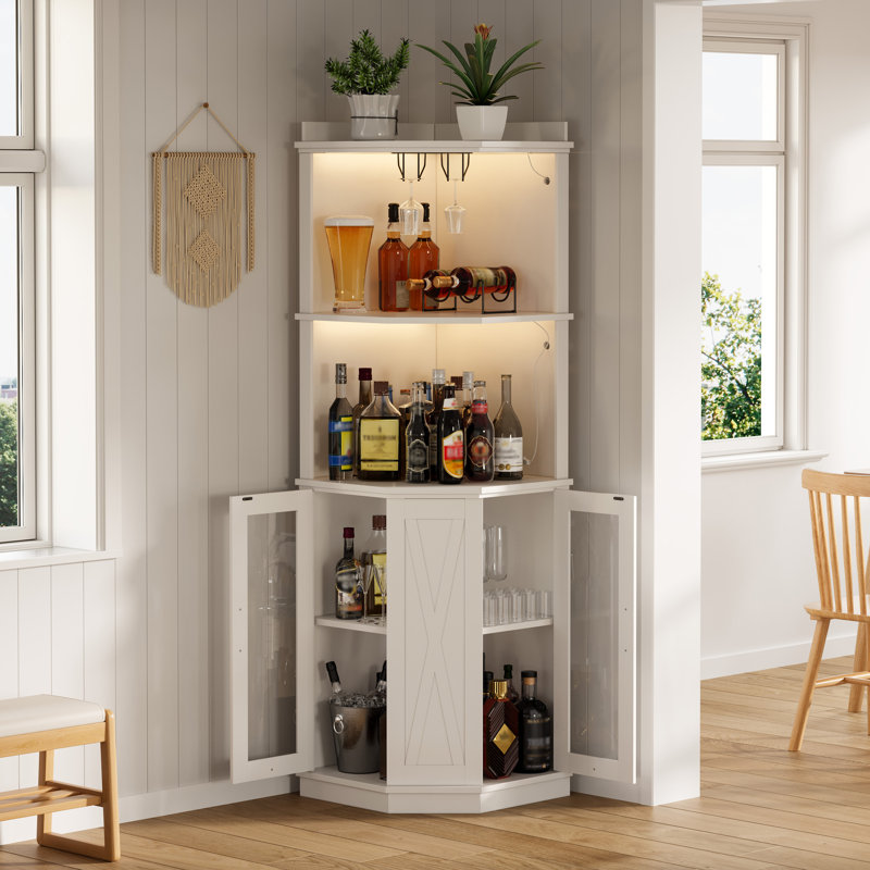 67.3'' Tall Wooden Corner Wine Bar Cabinet With Power Outlet, Open Shelf, Adjustable Shelves, Lights And Glass Rack