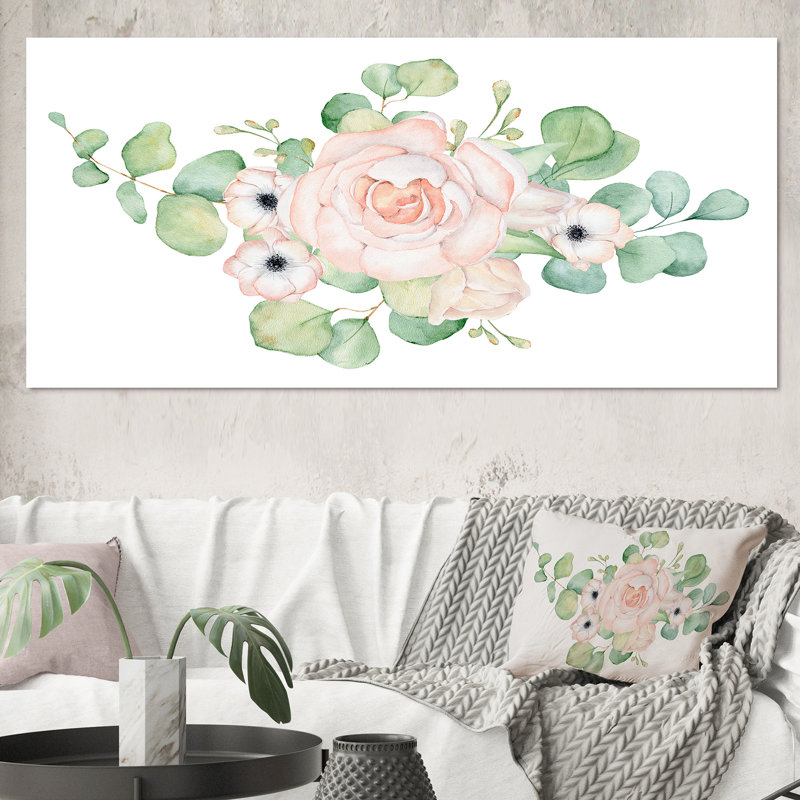 Fleurs et bouquet de feuilles d'eucalyptus II - Peinture sur toile, H 28 po x l 60 po x P 1,5 po, Toile tendue