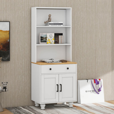Armoire de rangement Farmhouse avec 4 pieds en bois massif en forme de gourde, armoire de cuisine moderne avec tablettes réglables, bibliothèque à 5 niveaux avec tiroir