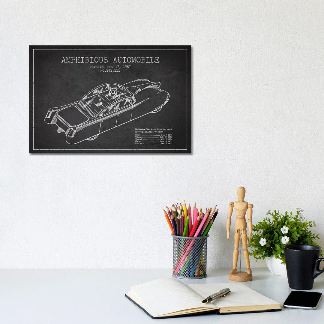 Amphibious Automobile Patent Sketch (Charcoal) I by Aged Pixel - Wrapped Canvas Gallery-Wrapped Canvas Giclée