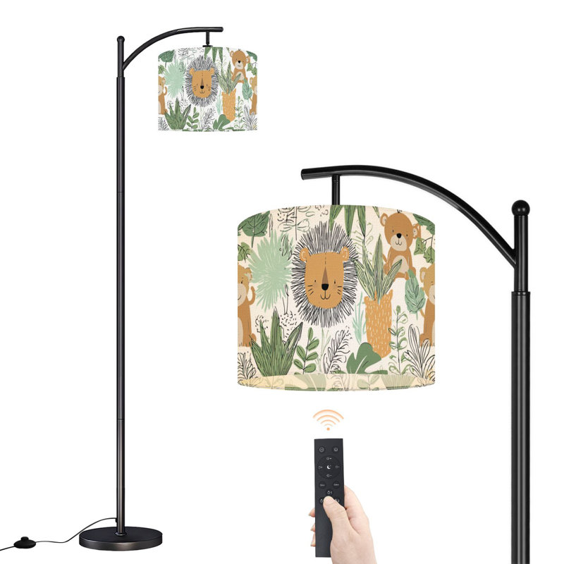 Lampe sur pied à arc avec abat-jour réglable Animaux de la jungle dessinés à la main pour chambre d'enfant Lampe sur pied tropicale 3 températures de couleur Lampe à mât haut avec interrupteur au pied pour la chambre à coucher