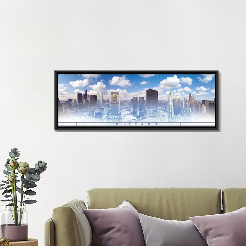 « digital sketch of chicago horizon, usa v », impression sur toile, H 16 po x l 48 po x P 1,5 po, Toile avec cadre noir